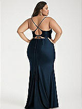 Alt View 3 Thumbnail - Midnight Navy Cowl-Neck Open Tie-Back Stretch Satin Mermaid Dress with Slight Train