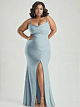 Alt View 2 Thumbnail - Mist Cowl-Neck Open Tie-Back Stretch Satin Mermaid Dress with Slight Train