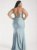 Alt View 3 Thumbnail - Mist Cowl-Neck Open Tie-Back Stretch Satin Mermaid Dress with Slight Train