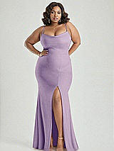 Alt View 2 Thumbnail - Pale Purple Cowl-Neck Open Tie-Back Stretch Satin Mermaid Dress with Slight Train