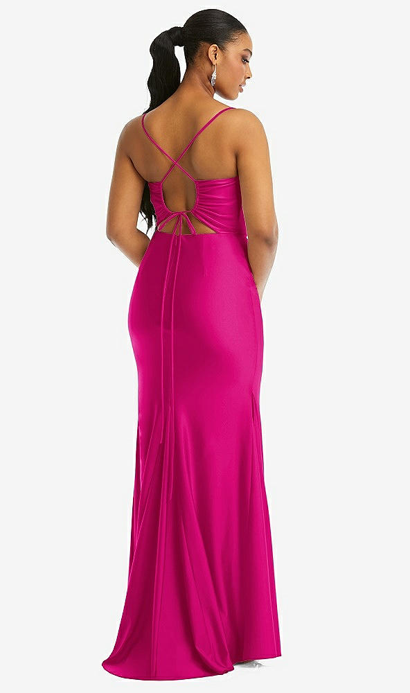 Back View - Think Pink Cowl-Neck Open Tie-Back Stretch Satin Mermaid Dress with Slight Train