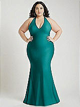 Alt View 1 Thumbnail - Peacock Teal Plunge Neckline Cutout Low Back Stretch Satin Mermaid Dress