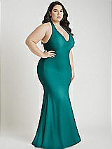 Alt View 2 Thumbnail - Peacock Teal Plunge Neckline Cutout Low Back Stretch Satin Mermaid Dress