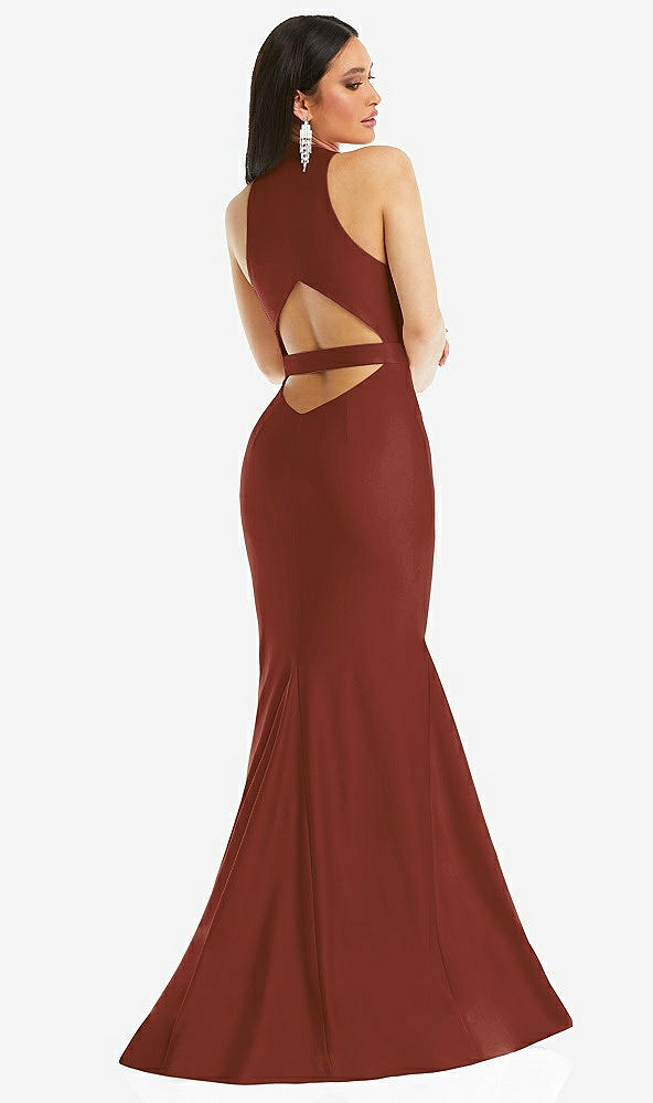 Back View - Auburn Moon Plunge Neckline Cutout Low Back Stretch Satin Mermaid Dress