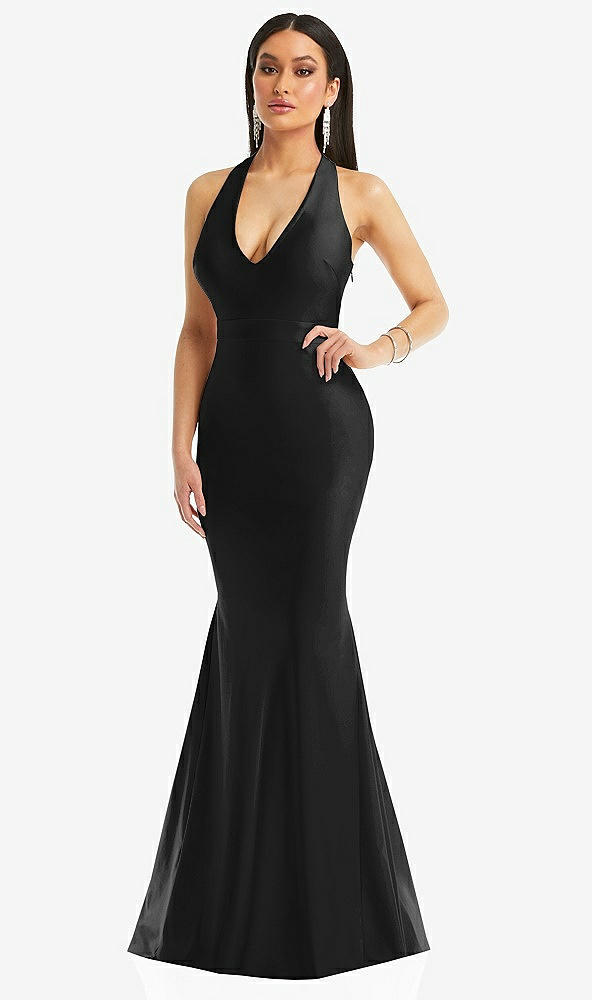 Front View - Black Plunge Neckline Cutout Low Back Stretch Satin Mermaid Dress