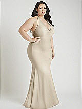 Alt View 2 Thumbnail - Champagne Plunge Neckline Cutout Low Back Stretch Satin Mermaid Dress