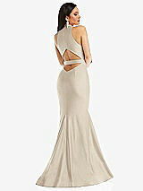 Rear View Thumbnail - Champagne Plunge Neckline Cutout Low Back Stretch Satin Mermaid Dress