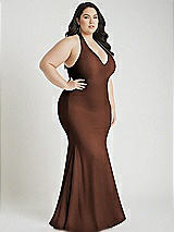 Alt View 2 Thumbnail - Cognac Plunge Neckline Cutout Low Back Stretch Satin Mermaid Dress