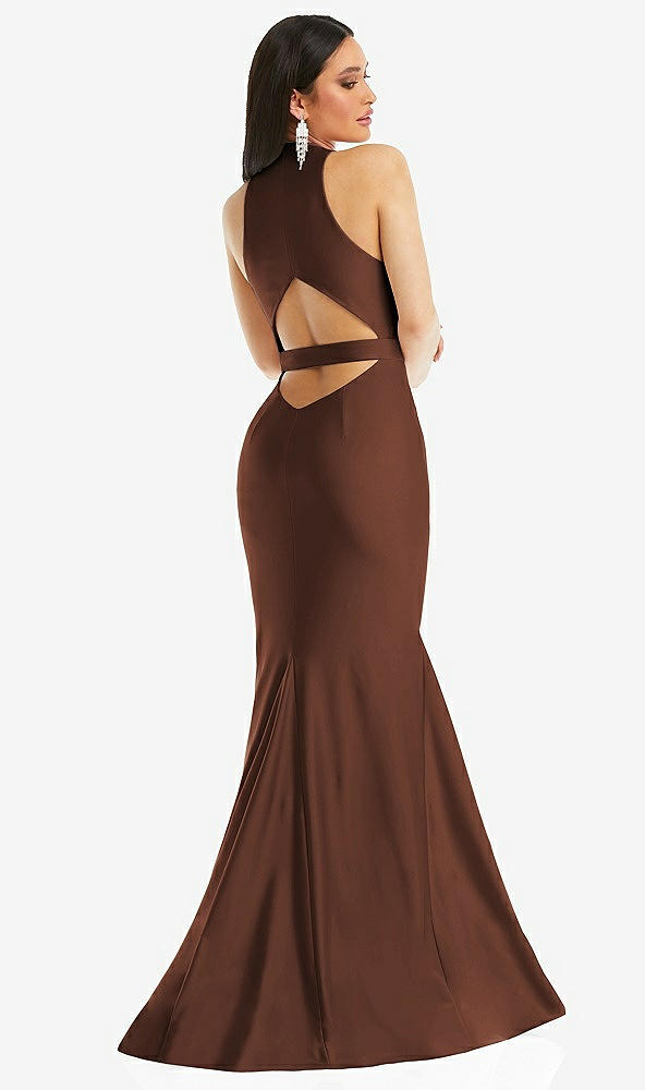 Back View - Cognac Plunge Neckline Cutout Low Back Stretch Satin Mermaid Dress