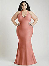 Alt View 1 Thumbnail - Desert Rose Plunge Neckline Cutout Low Back Stretch Satin Mermaid Dress