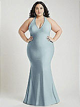 Alt View 1 Thumbnail - Mist Plunge Neckline Cutout Low Back Stretch Satin Mermaid Dress