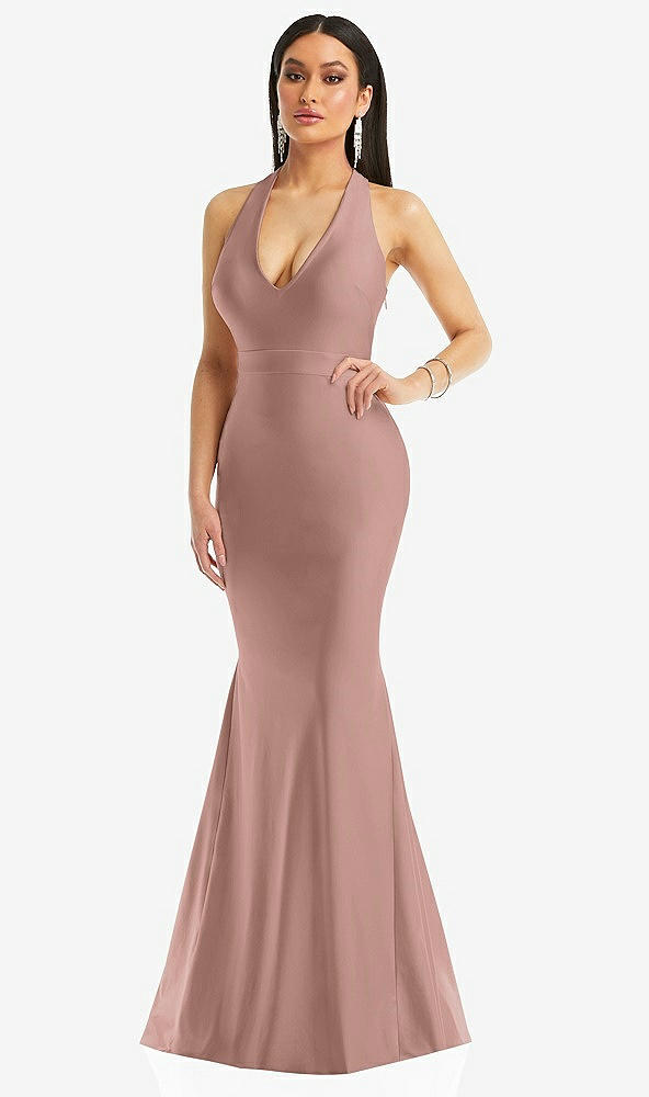 Front View - Neu Nude Plunge Neckline Cutout Low Back Stretch Satin Mermaid Dress