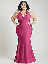 Alt View 1 Thumbnail - Tea Rose Plunge Neckline Cutout Low Back Stretch Satin Mermaid Dress