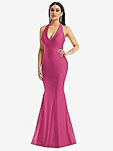 Front View Thumbnail - Tea Rose Plunge Neckline Cutout Low Back Stretch Satin Mermaid Dress