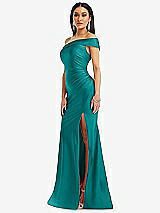 Alt View 2 Thumbnail - Peacock Teal One-Shoulder Bias-Cuff Stretch Satin Mermaid Dress with Slight Train