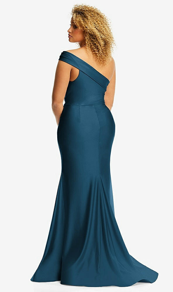 Back View - Atlantic Blue One-Shoulder Bias-Cuff Stretch Satin Mermaid Dress with Slight Train