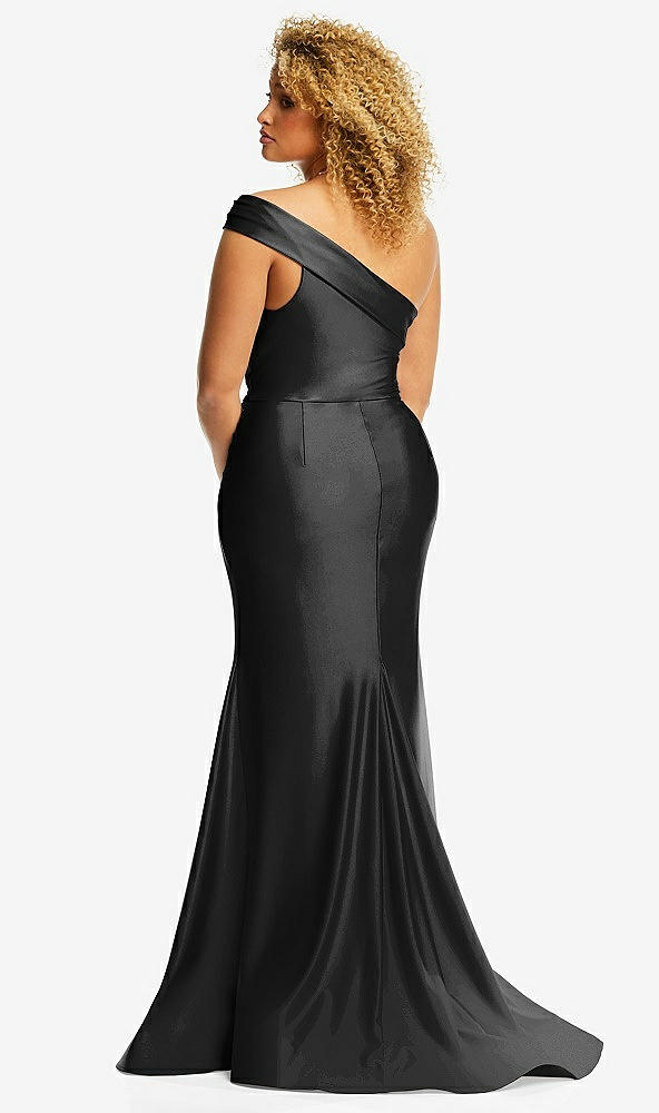 Back View - Black One-Shoulder Bias-Cuff Stretch Satin Mermaid Dress with Slight Train