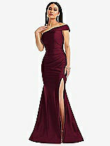 Alt View 1 Thumbnail - Cabernet One-Shoulder Bias-Cuff Stretch Satin Mermaid Dress with Slight Train