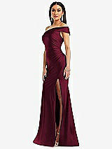 Alt View 2 Thumbnail - Cabernet One-Shoulder Bias-Cuff Stretch Satin Mermaid Dress with Slight Train