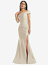 Alt View 1 Thumbnail - Champagne One-Shoulder Bias-Cuff Stretch Satin Mermaid Dress with Slight Train