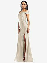 Alt View 2 Thumbnail - Champagne One-Shoulder Bias-Cuff Stretch Satin Mermaid Dress with Slight Train