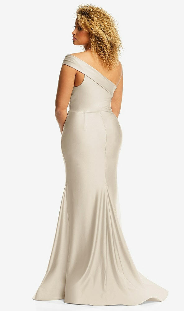 Back View - Champagne One-Shoulder Bias-Cuff Stretch Satin Mermaid Dress with Slight Train