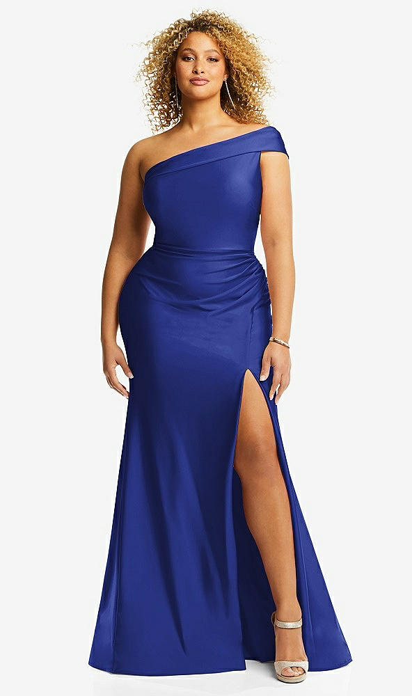 Front View - Cobalt Blue One-Shoulder Bias-Cuff Stretch Satin Mermaid Dress with Slight Train