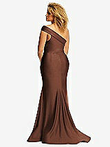 Rear View Thumbnail - Cognac One-Shoulder Bias-Cuff Stretch Satin Mermaid Dress with Slight Train