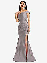 Alt View 1 Thumbnail - Cashmere Gray One-Shoulder Bias-Cuff Stretch Satin Mermaid Dress with Slight Train