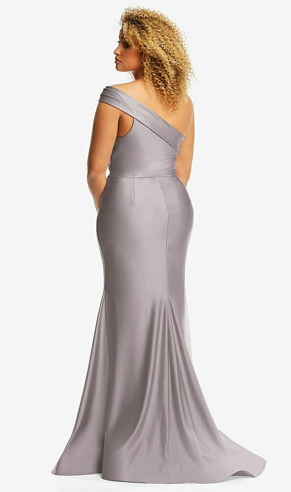 Back View - Cashmere Gray One-Shoulder Bias-Cuff Stretch Satin Mermaid Dress with Slight Train