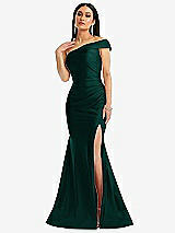 Alt View 1 Thumbnail - Evergreen One-Shoulder Bias-Cuff Stretch Satin Mermaid Dress with Slight Train