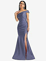 Alt View 1 Thumbnail - French Blue One-Shoulder Bias-Cuff Stretch Satin Mermaid Dress with Slight Train