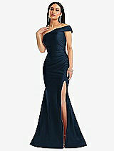 Alt View 1 Thumbnail - Midnight Navy One-Shoulder Bias-Cuff Stretch Satin Mermaid Dress with Slight Train