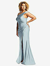 Side View Thumbnail - Mist One-Shoulder Bias-Cuff Stretch Satin Mermaid Dress with Slight Train