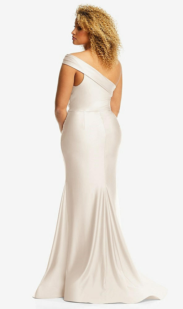 Back View - Oat One-Shoulder Bias-Cuff Stretch Satin Mermaid Dress with Slight Train