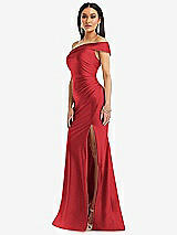 Alt View 2 Thumbnail - Poppy Red One-Shoulder Bias-Cuff Stretch Satin Mermaid Dress with Slight Train