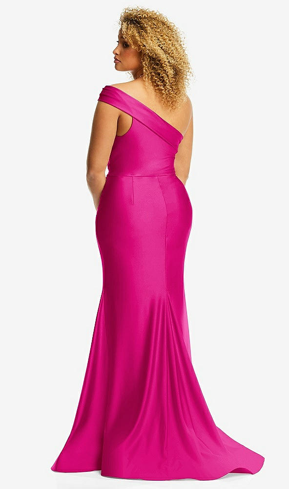 Back View - Think Pink One-Shoulder Bias-Cuff Stretch Satin Mermaid Dress with Slight Train