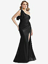 Alt View 1 Thumbnail - Black Cascading Bow One-Shoulder Stretch Satin Mermaid Dress with Slight Train