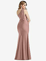 Rear View Thumbnail - Neu Nude Cascading Bow One-Shoulder Stretch Satin Mermaid Dress with Slight Train