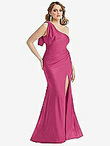 Alt View 1 Thumbnail - Tea Rose Cascading Bow One-Shoulder Stretch Satin Mermaid Dress with Slight Train