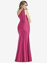 Rear View Thumbnail - Tea Rose Cascading Bow One-Shoulder Stretch Satin Mermaid Dress with Slight Train