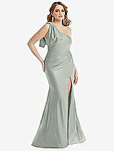 Alt View 1 Thumbnail - Willow Green Cascading Bow One-Shoulder Stretch Satin Mermaid Dress with Slight Train