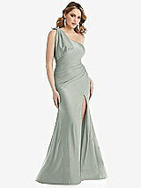 Front View Thumbnail - Willow Green Cascading Bow One-Shoulder Stretch Satin Mermaid Dress with Slight Train