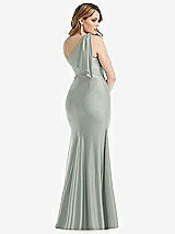 Rear View Thumbnail - Willow Green Cascading Bow One-Shoulder Stretch Satin Mermaid Dress with Slight Train