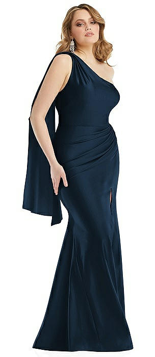 Scarf Neck One-Shoulder Stretch Satin Mermaid Dress with Slight Train