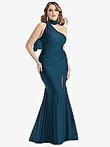 Alt View 1 Thumbnail - Atlantic Blue Scarf Neck One-Shoulder Stretch Satin Mermaid Dress with Slight Train