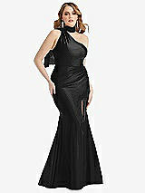 Alt View 1 Thumbnail - Black Scarf Neck One-Shoulder Stretch Satin Mermaid Dress with Slight Train