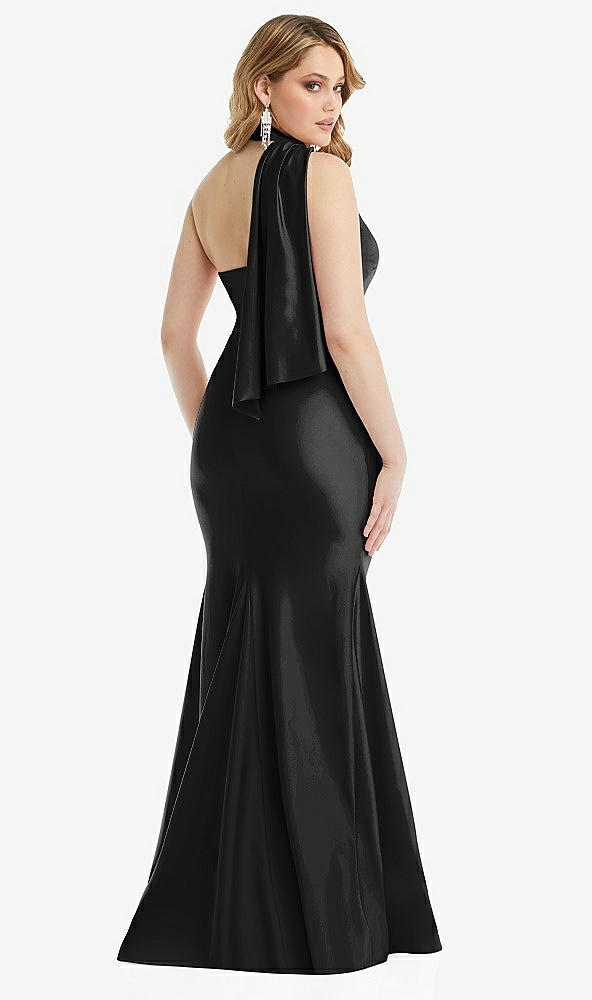 Back View - Black Scarf Neck One-Shoulder Stretch Satin Mermaid Dress with Slight Train