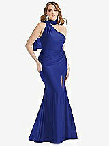 Alt View 1 Thumbnail - Cobalt Blue Scarf Neck One-Shoulder Stretch Satin Mermaid Dress with Slight Train