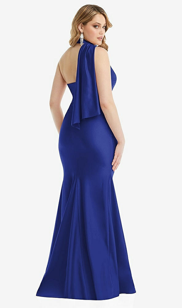 Back View - Cobalt Blue Scarf Neck One-Shoulder Stretch Satin Mermaid Dress with Slight Train